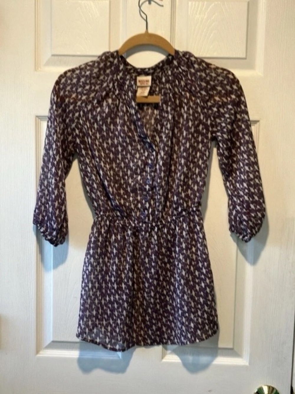 Mossimo XS purple semi sheer bird print blouse